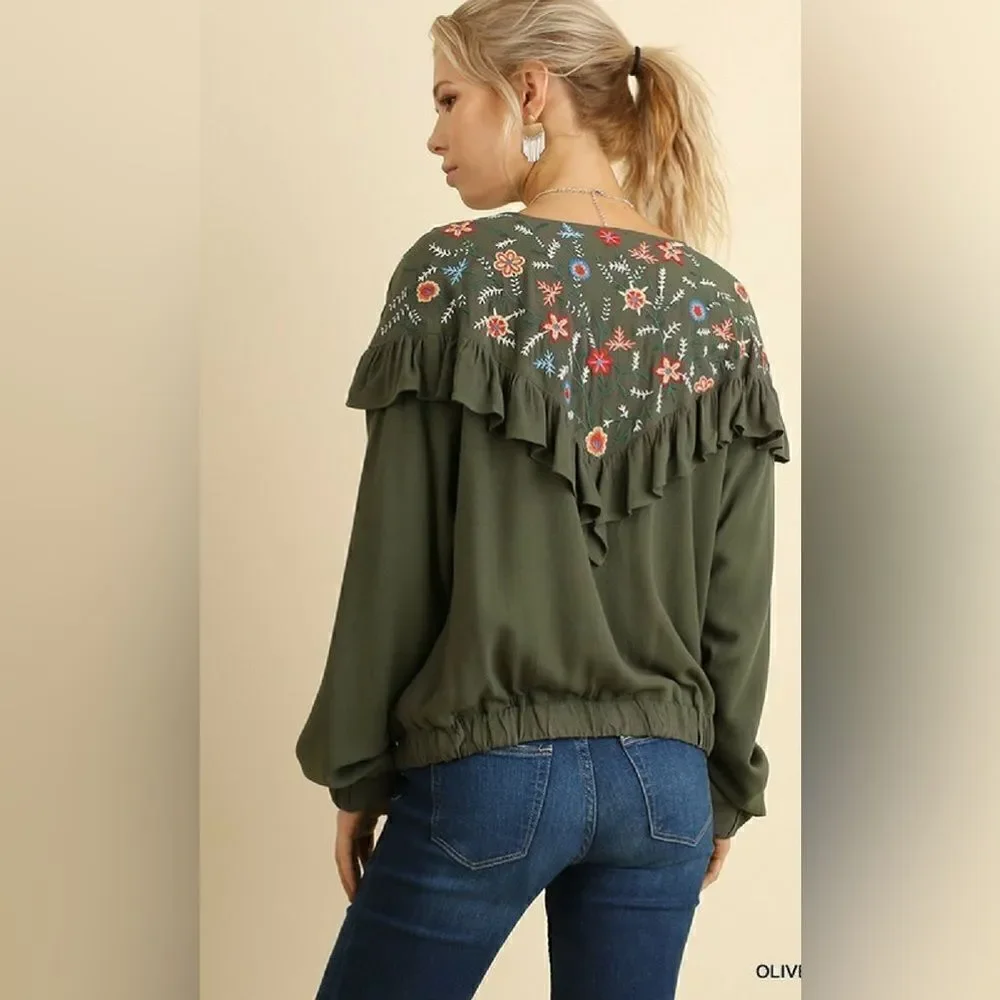 UMGEE Ruffled Zipper Front Jacket with Floral Embroidered Detail Medium - Picture 16 of 16